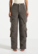 Anne - High Waisted Boucle Denim Cargo Pants - Brown