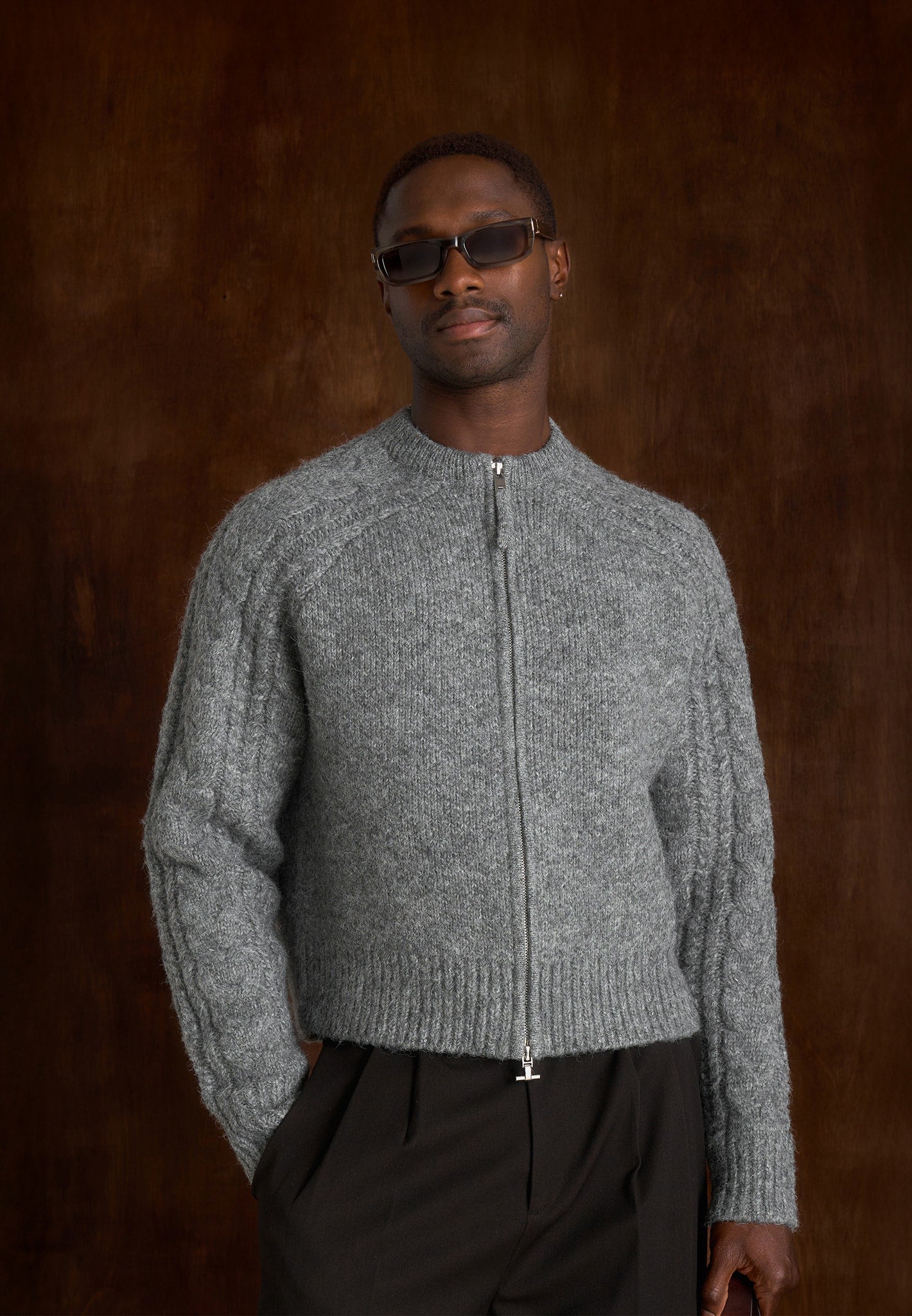 Gaby - Speckled Cable Knit Zip Cardigan - Grey 