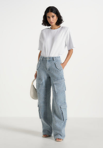 Anne - Denim High Waisted Boucle Cargo Pants - Mid Blue