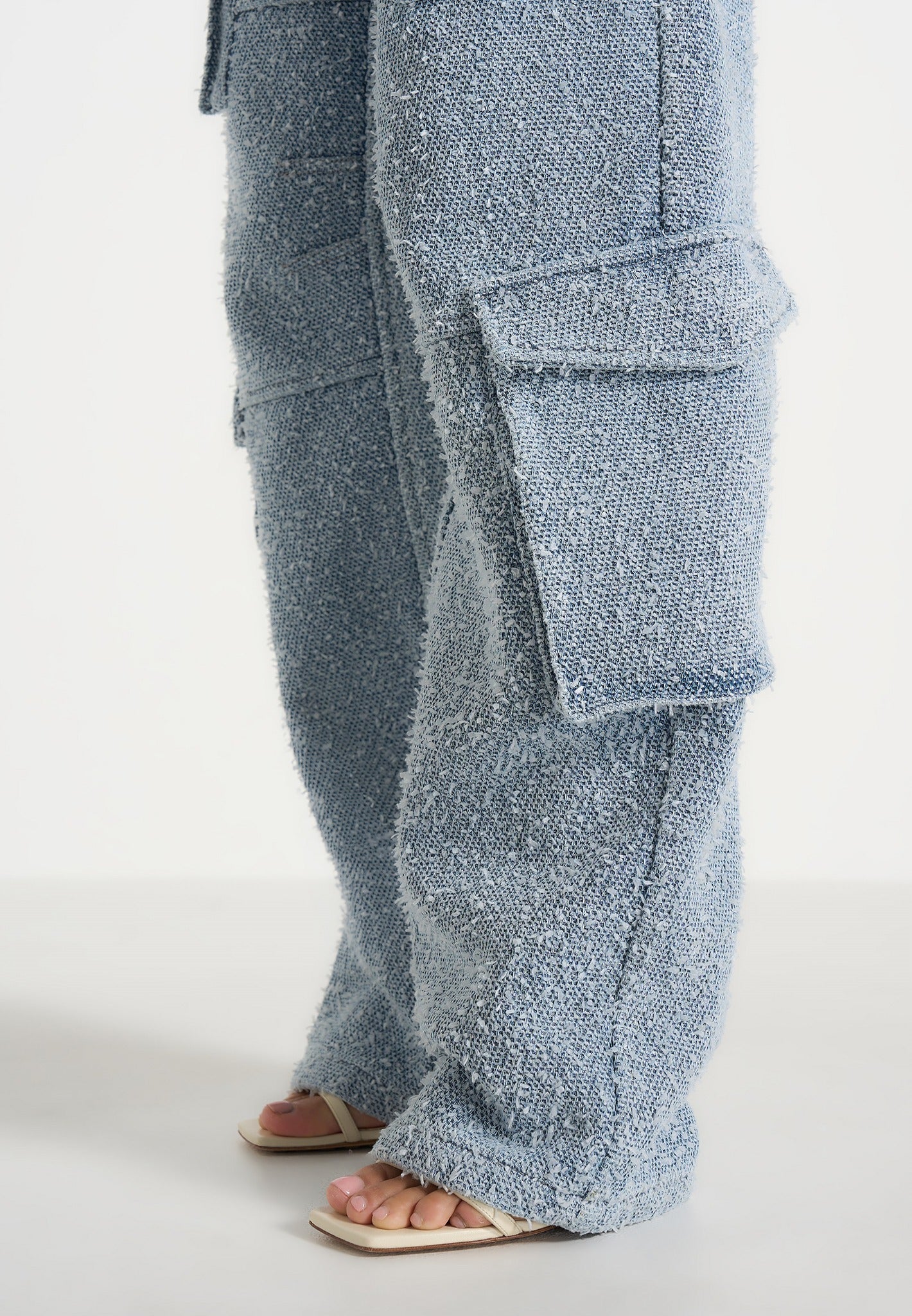 Anne - Denim High Waisted Boucle Cargo Pants - Mid Blue