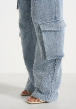 Anne - Denim High Waisted Boucle Cargo Pants - Mid Blue