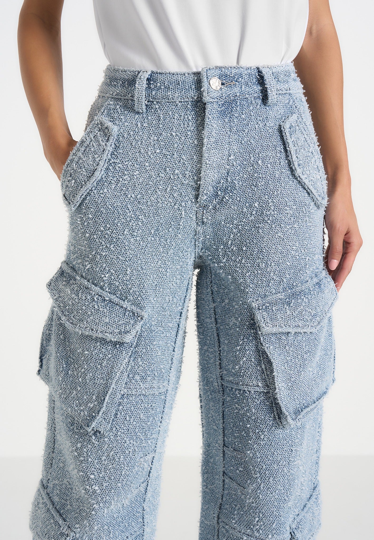 Anne - Denim High Waisted Boucle Cargo Pants - Mid Blue