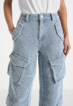 Anne - Denim High Waisted Boucle Cargo Pants - Mid Blue