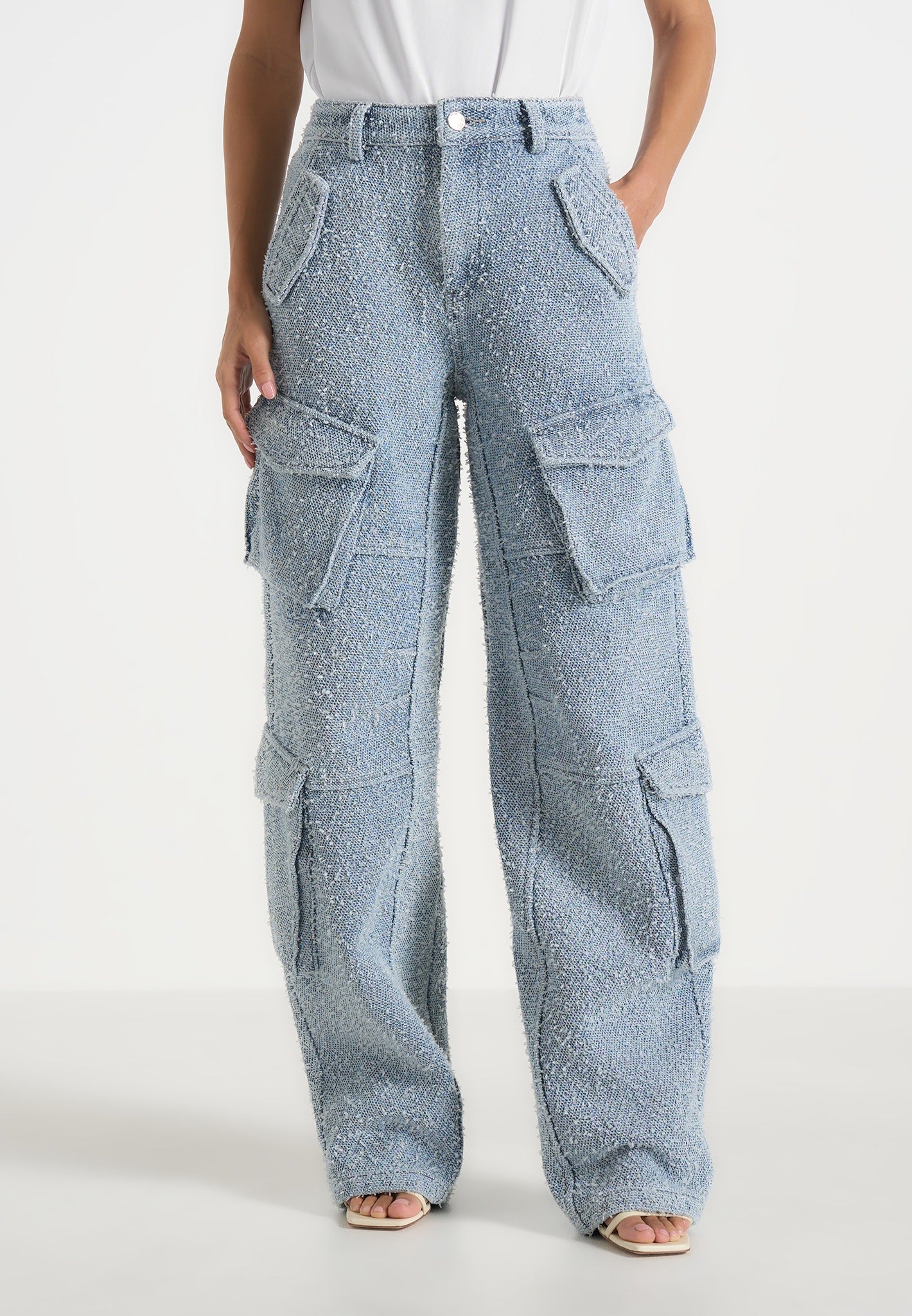 Anne - Denim High Waisted Boucle Cargo Pants - Mid Blue