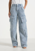 Anne - Denim High Waisted Boucle Cargo Pants - Mid Blue