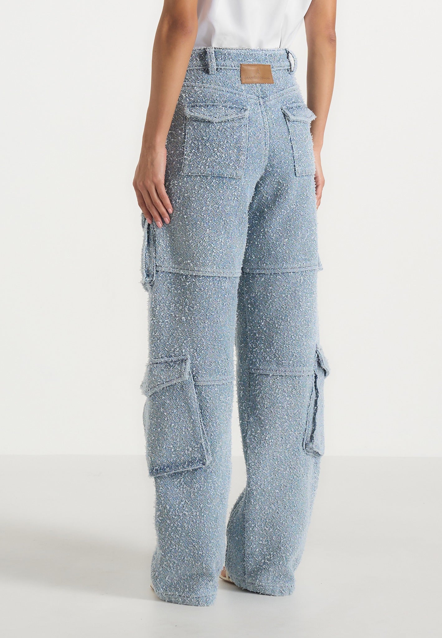 Anne - Denim High Waisted Boucle Cargo Pants - Mid Blue