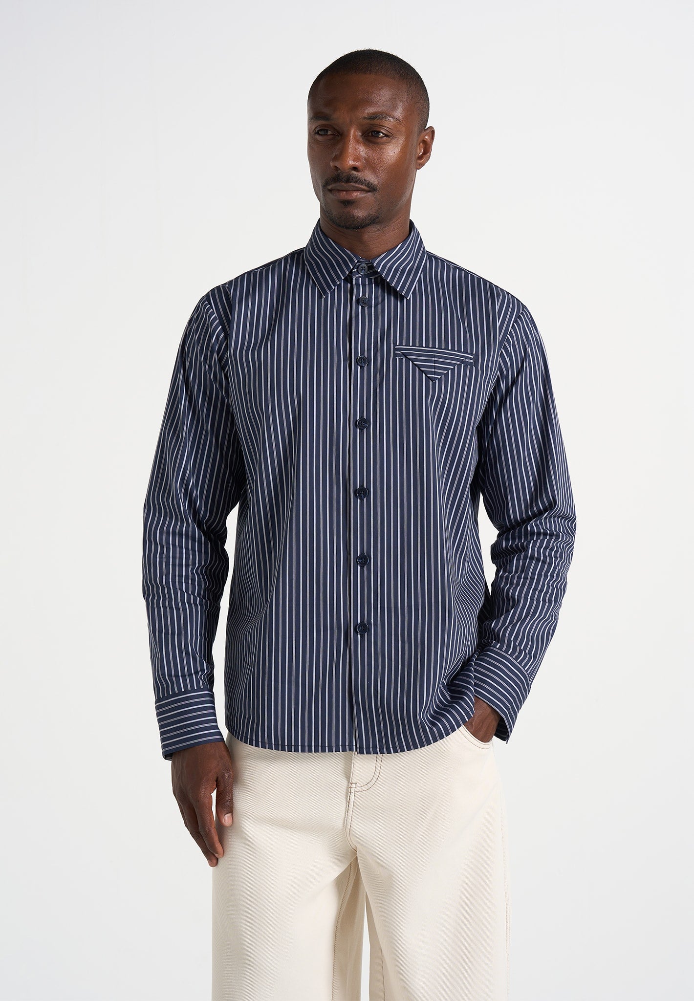 Ronnie - Unisex Pinstripe Long Sleeve Shirt - Navy