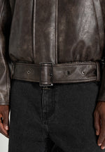 Ezra - Unisex Vintage Leather Belted Bomber Jacket - Brown
