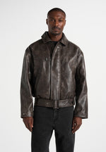 Ezra - Unisex Vintage Leather Belted Bomber Jacket - Brown