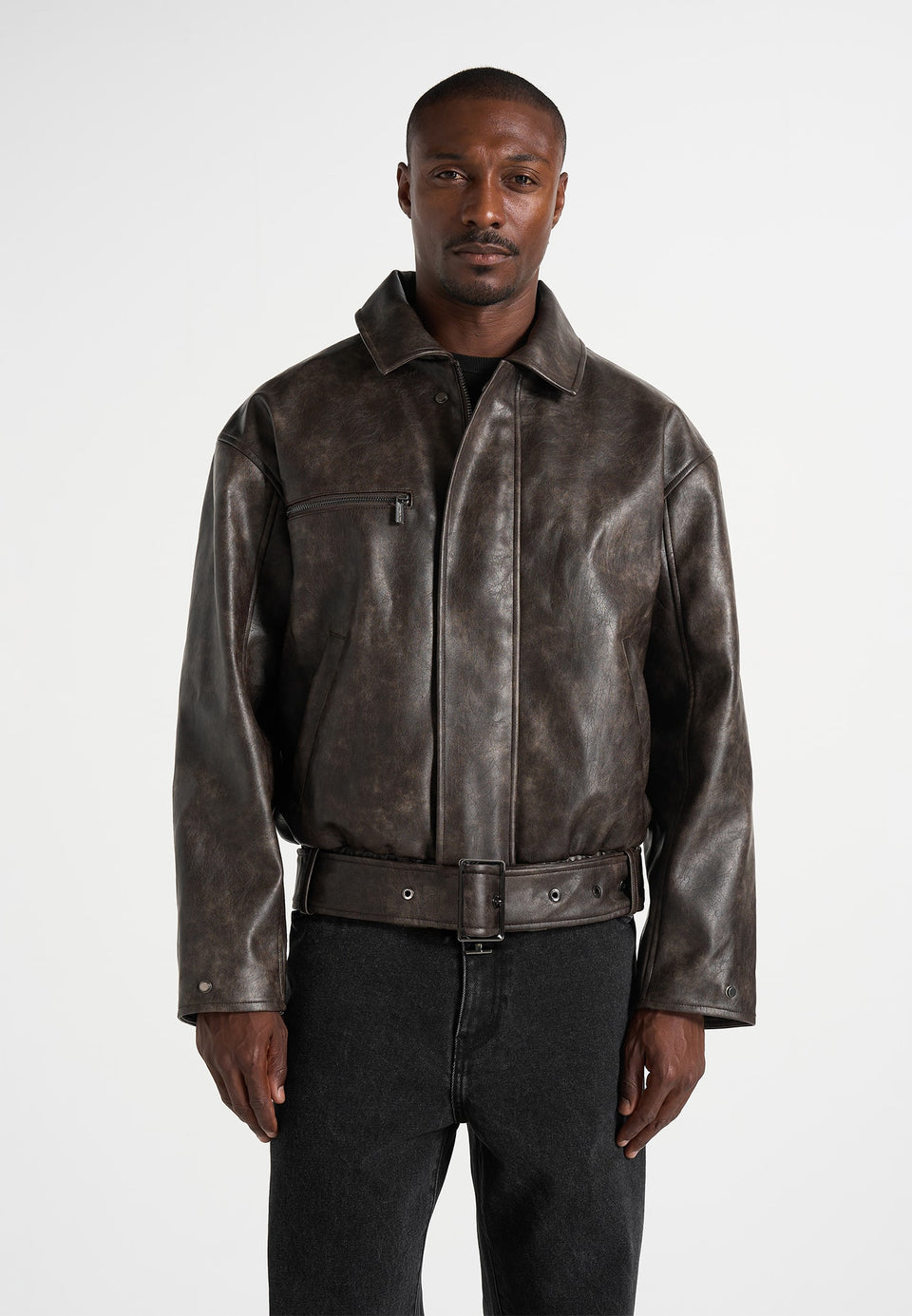 Ezra - Unisex Vintage Leather Belted Bomber Jacket - Brown