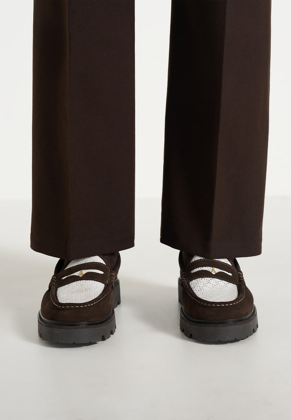 Diego - Suede & Crochet Penny Loafer - Brown/White