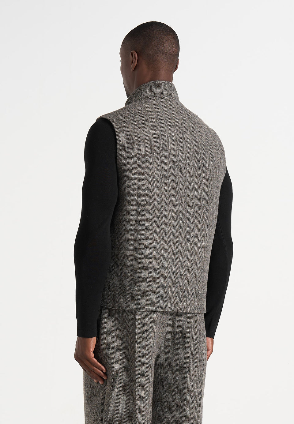 Levi - Herringbone Wool Zip Gilet - Grey