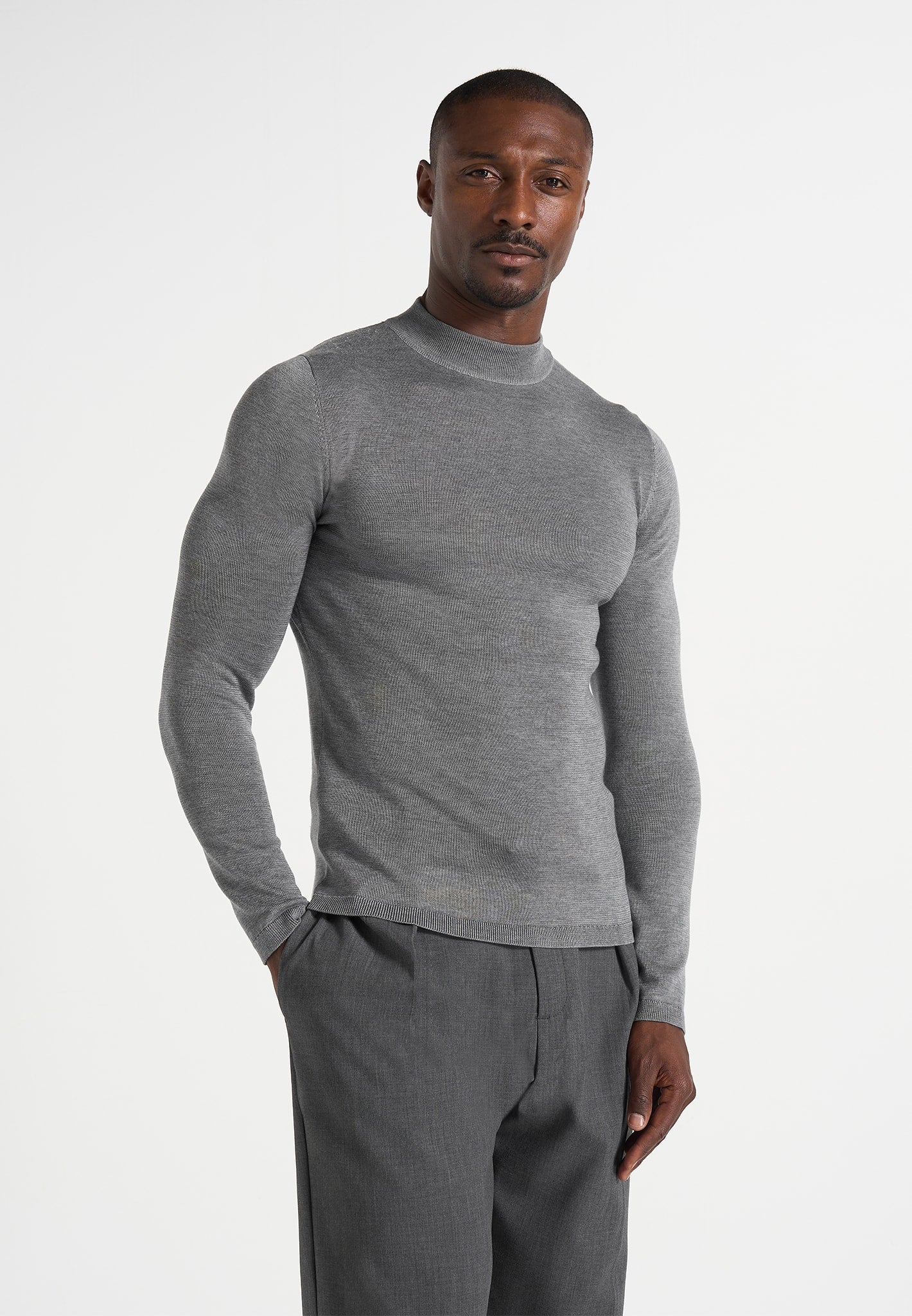 KW003 - Fitted Mock Neck Wool-Blend Jumper - Grey