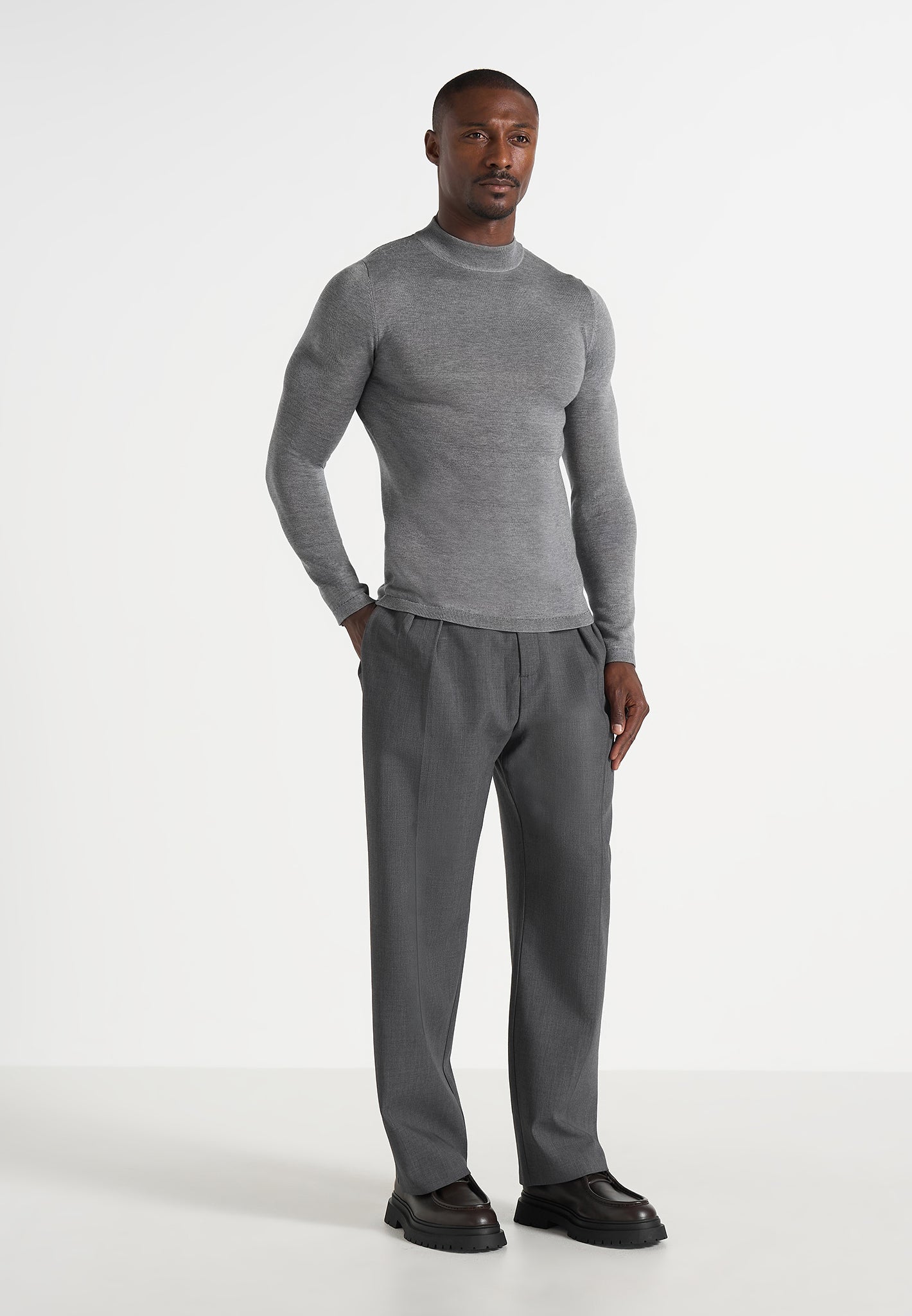 KW003 - Fitted Mock Neck Wool-Blend Jumper - Grey