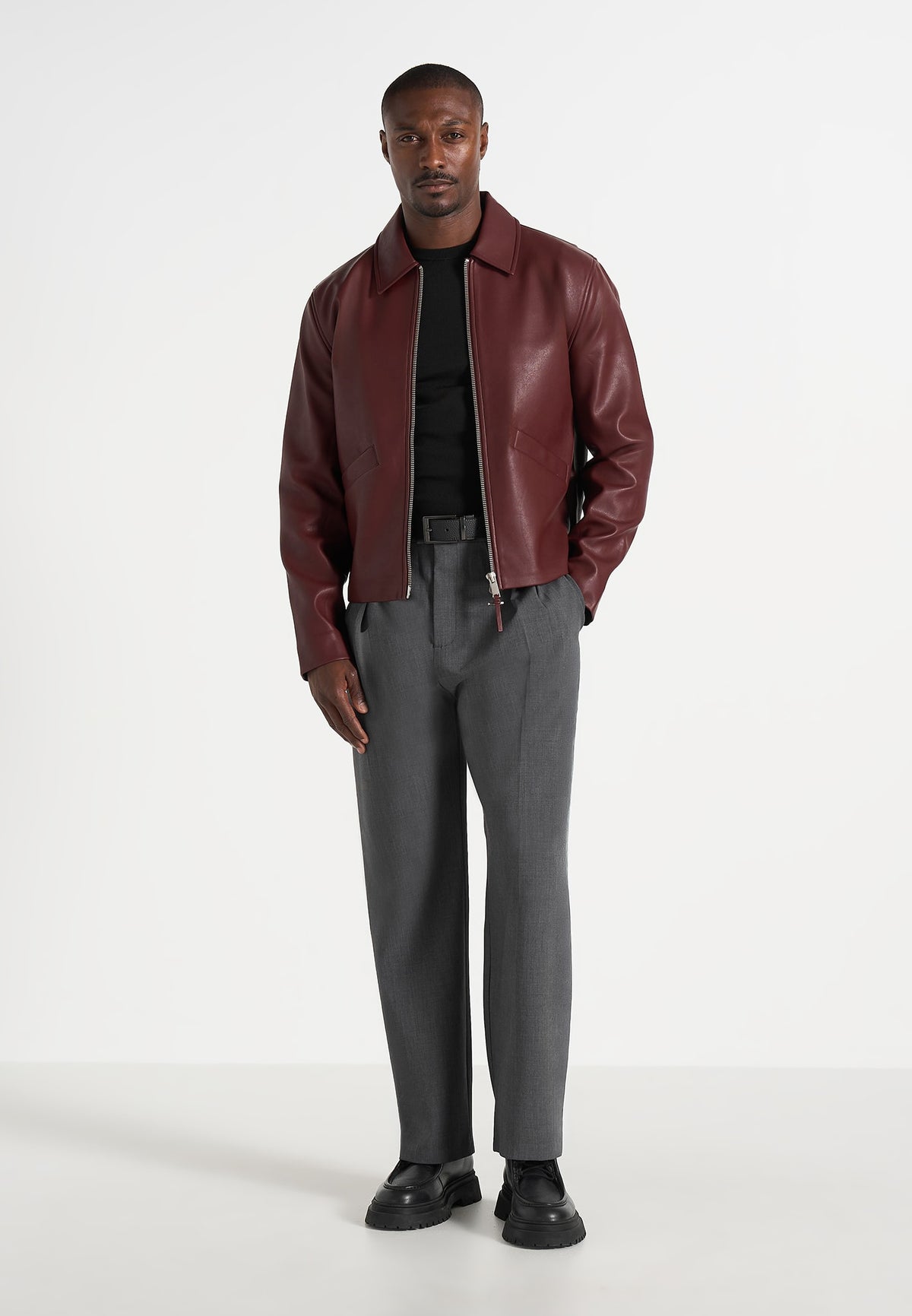 Yves - Minimal Leather Jacket - Wine Red