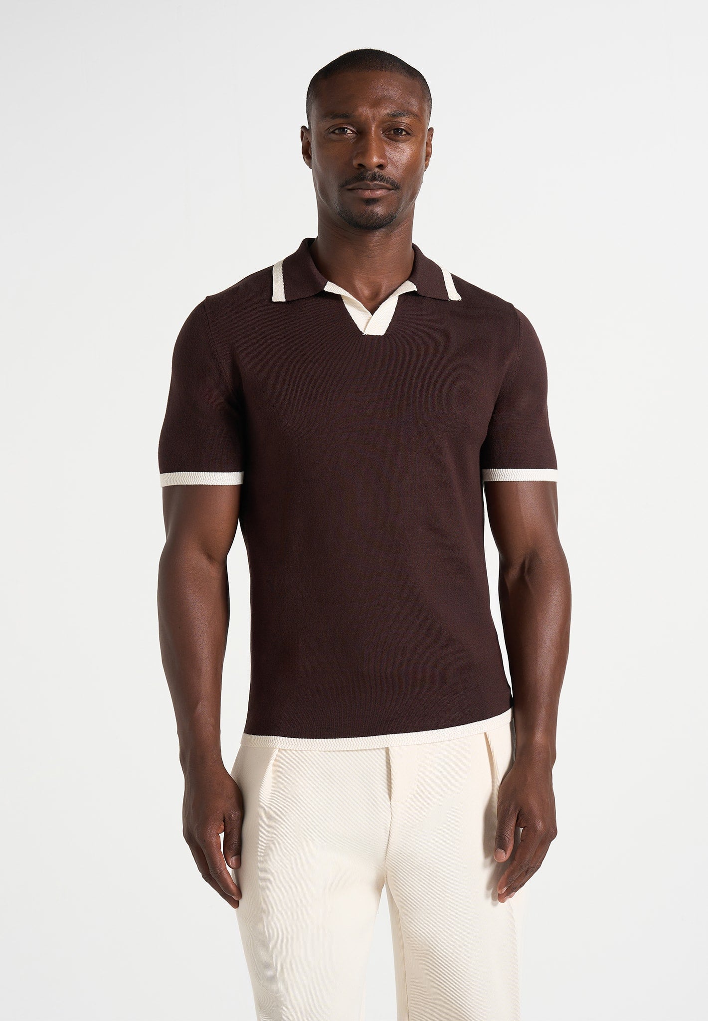 Lambert - Contrast Detail Knit Polo Shirt - Brown