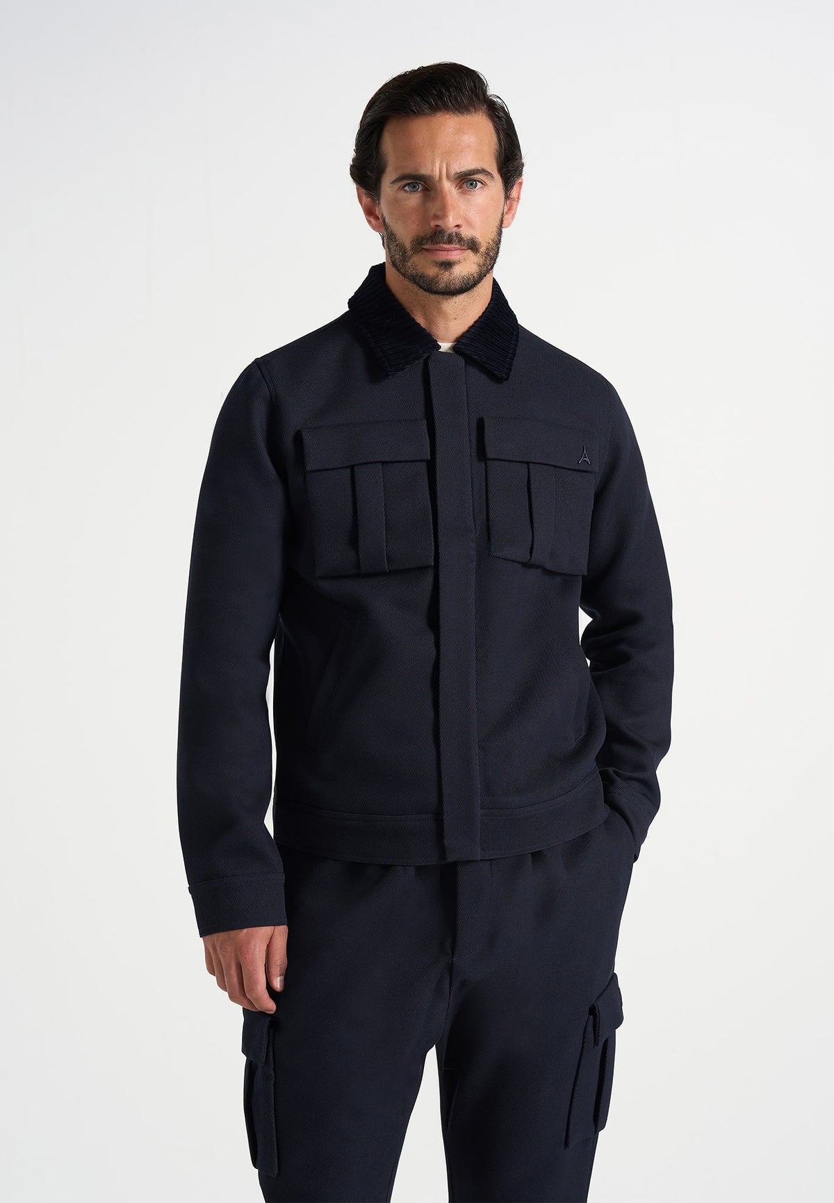 Twill Trucker Jacket with Velvet Collar - Navy