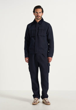 Twill Trucker Jacket with Velvet Collar - Navy