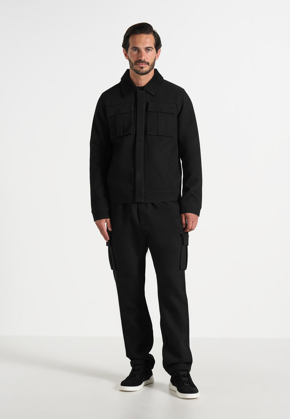 Twill Trucker Jacket with Velvet Collar - Black