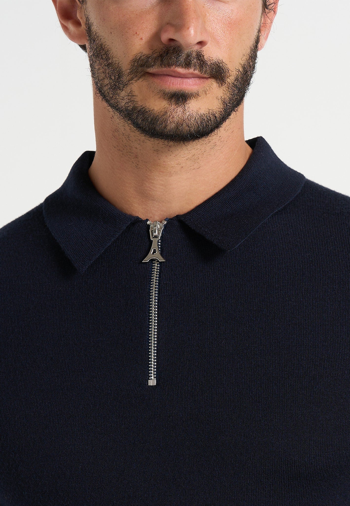 Merino Wool Long Sleeve Polo Top With Zip - Navy