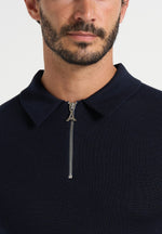 Merino Wool Long Sleeve Polo Top With Zip - Navy