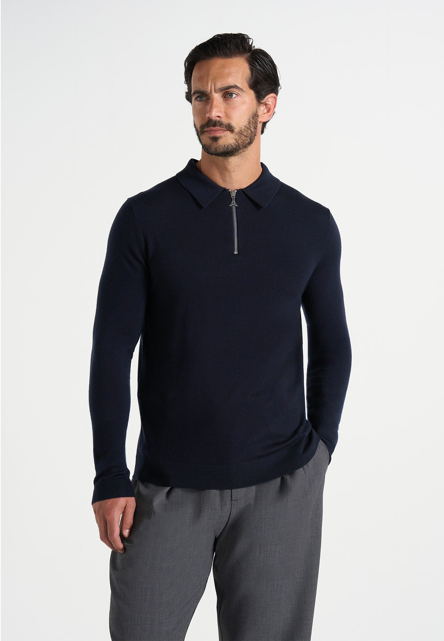 Merino Wool Long Sleeve Polo Top With Zip - Navy