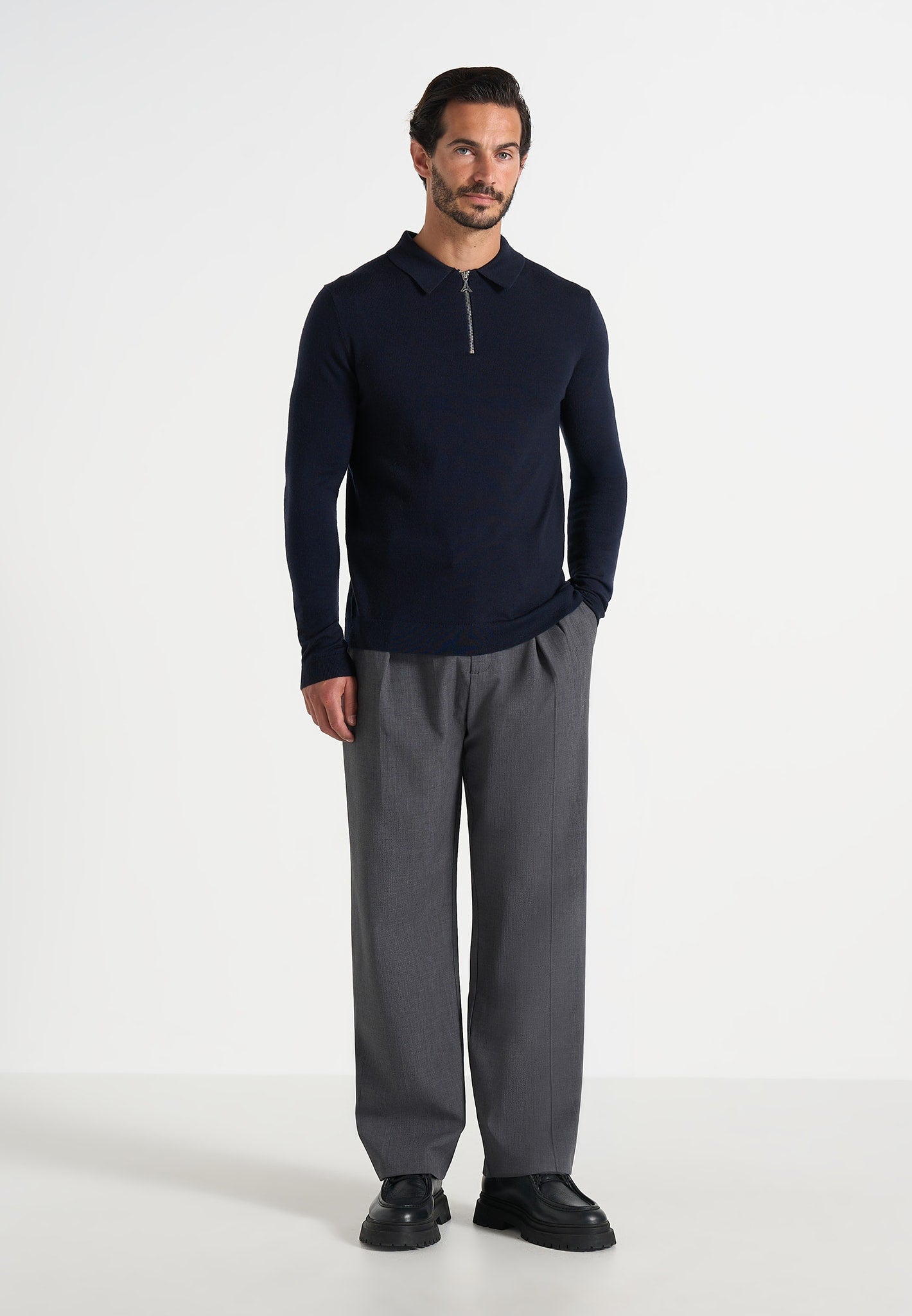 Merino Wool Long Sleeve Polo Top With Zip - Navy