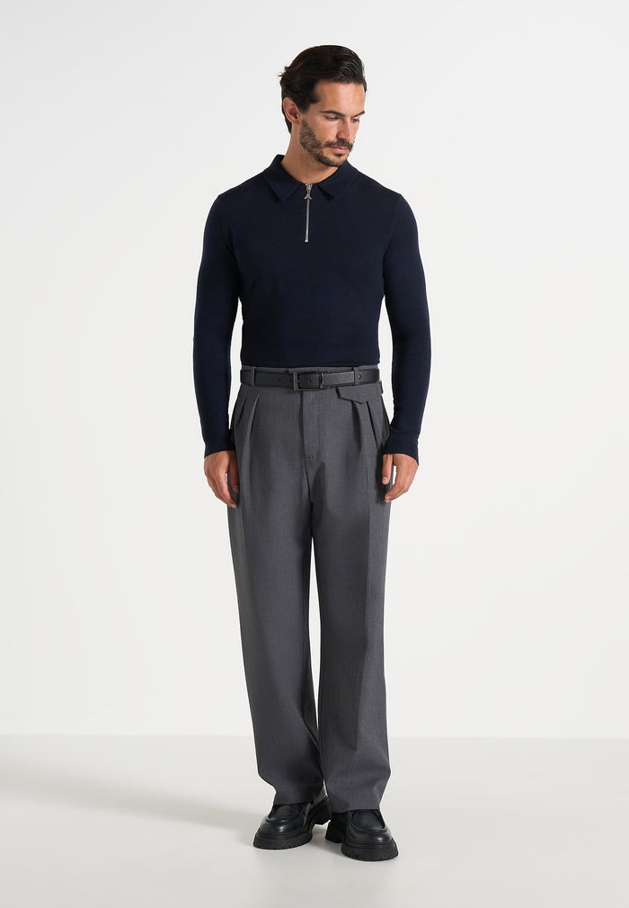 Merino Wool Long Sleeve Polo Top With Zip - Navy