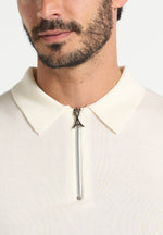 Merino Wool Long Sleeve Polo Top With Zip - Off White