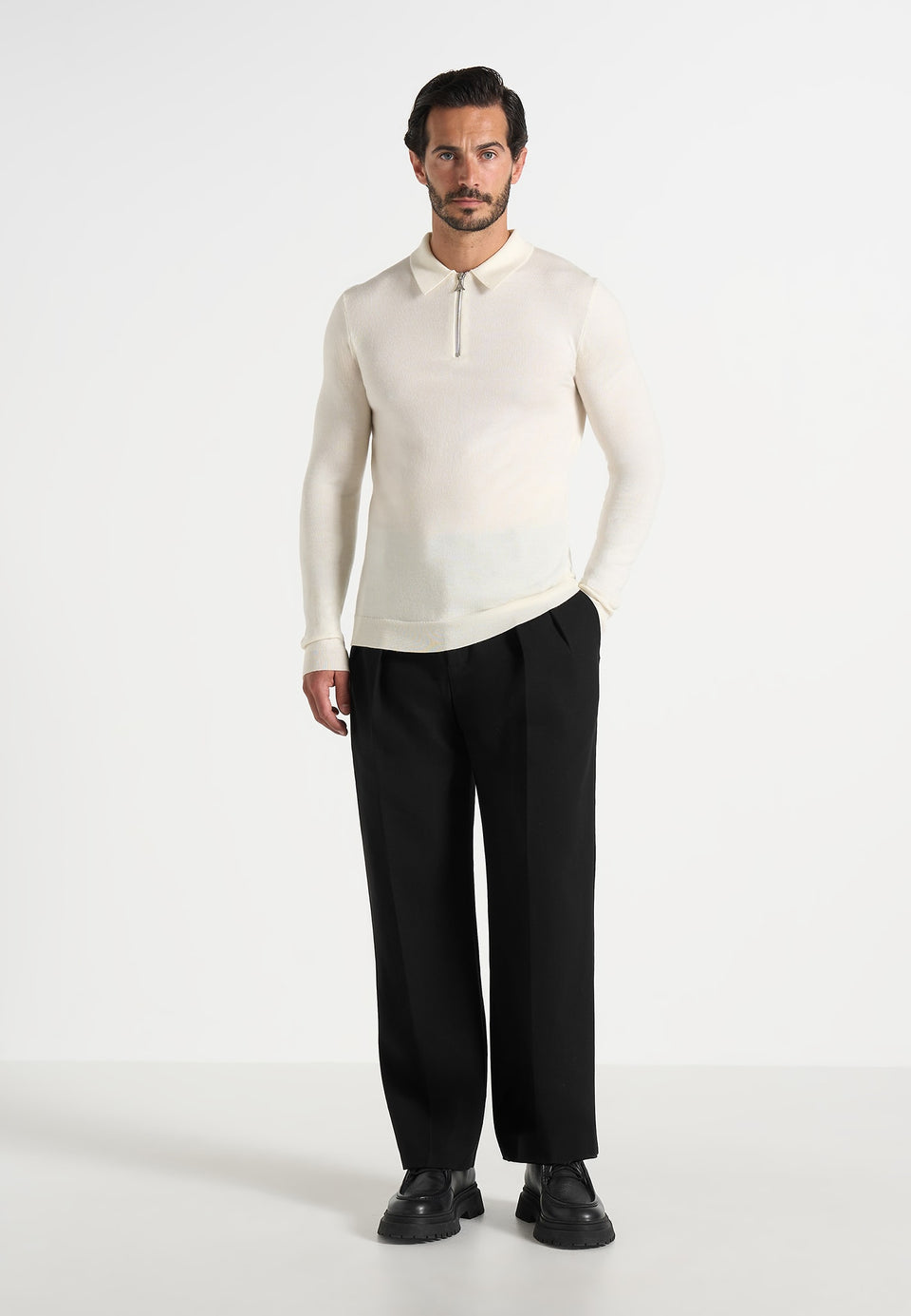 Merino Wool Long Sleeve Polo Top With Zip - Off White