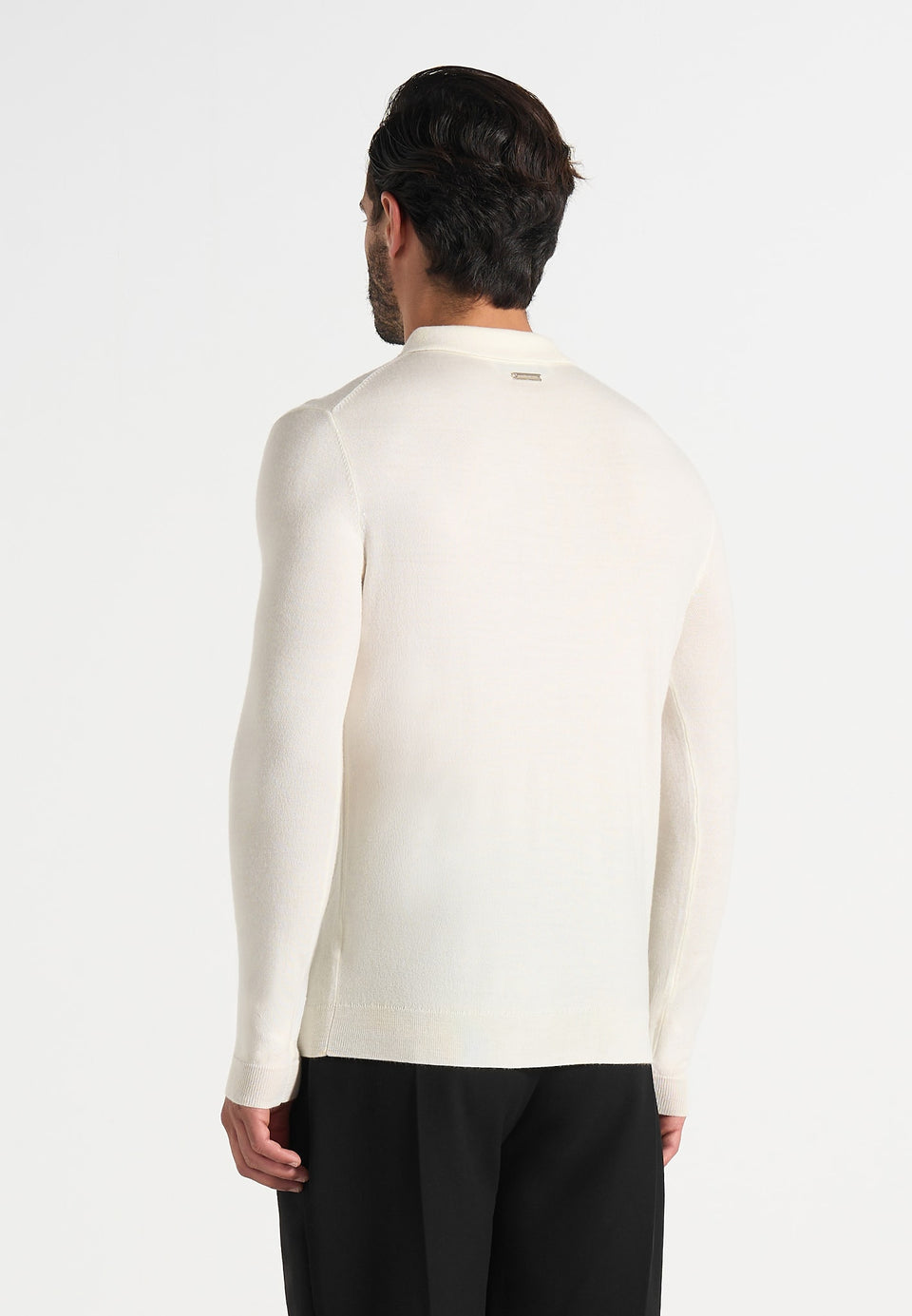 Merino Wool Long Sleeve Polo Top With Zip - Off White