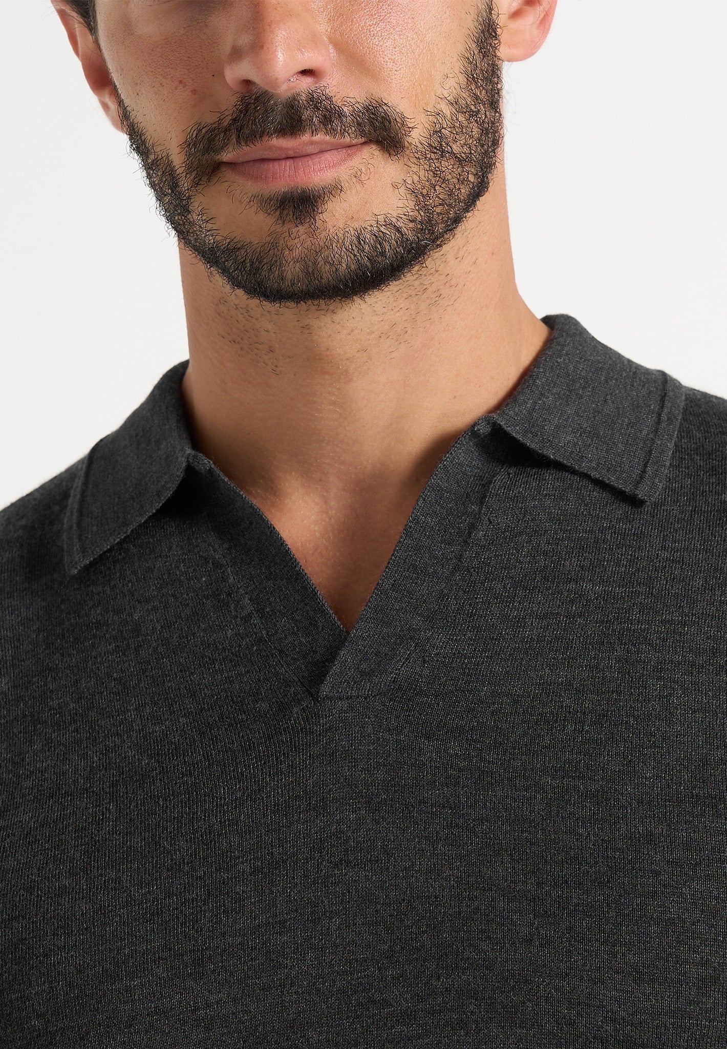 Merino Wool Long Sleeve Revere Polo Shirt - Grey