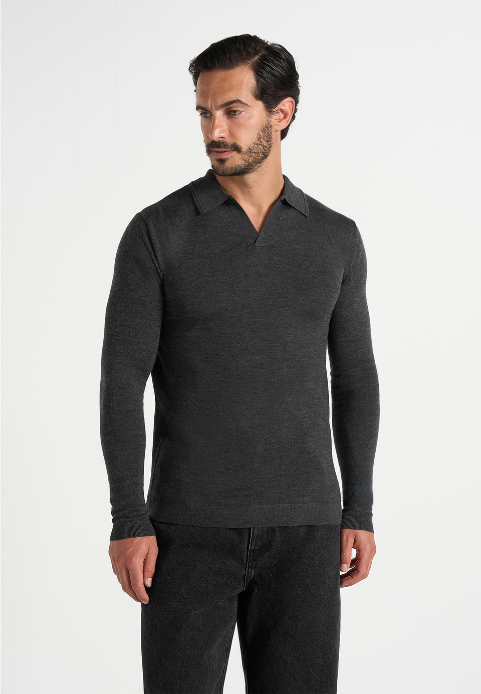 Merino Wool Long Sleeve Revere Polo Shirt - Grey