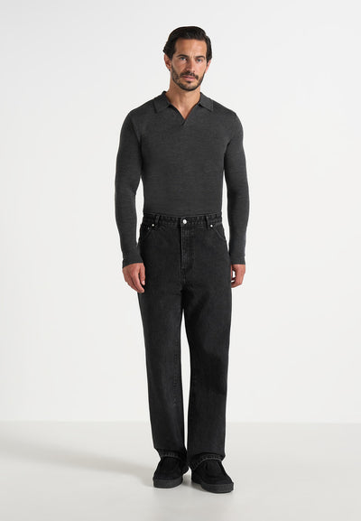 Merino Wool Long Sleeve Revere Polo Shirt - Grey