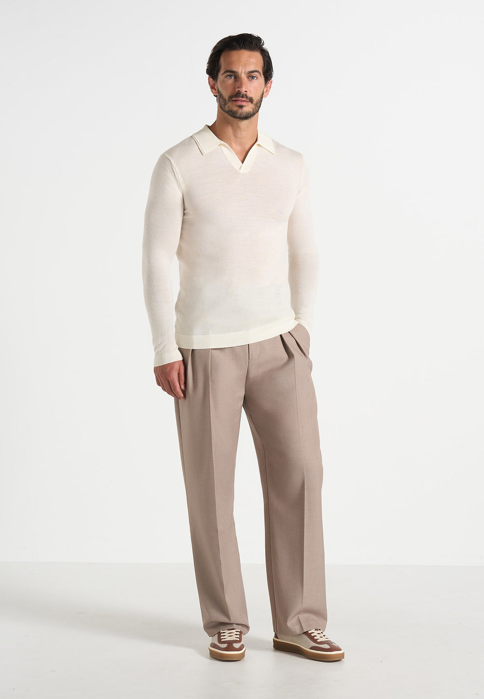 Merino Wool Long Sleeve Revere Polo Shirt - Off White