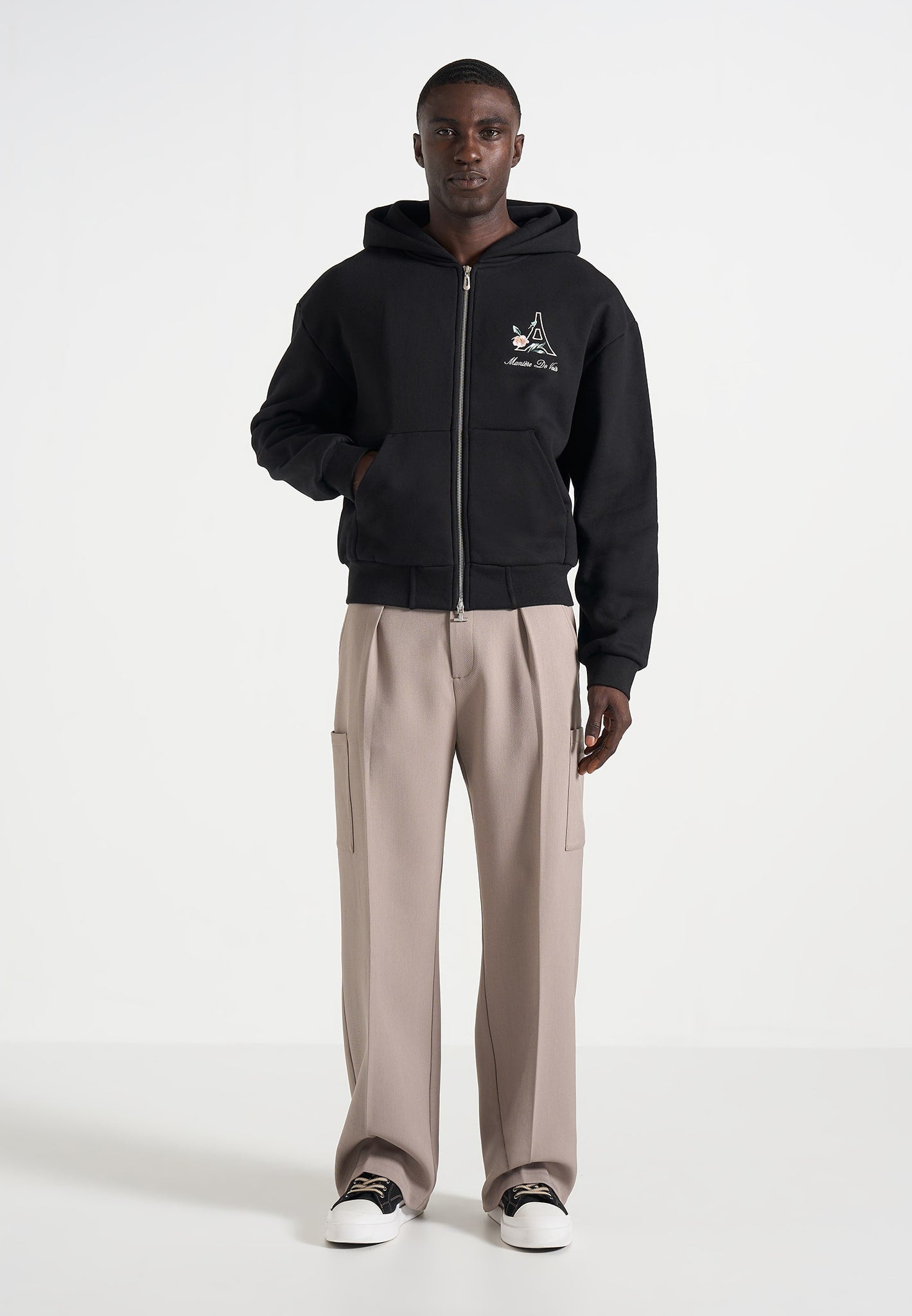 JS009 - Unisex Floral Eiffel Zip Hoodie - Black