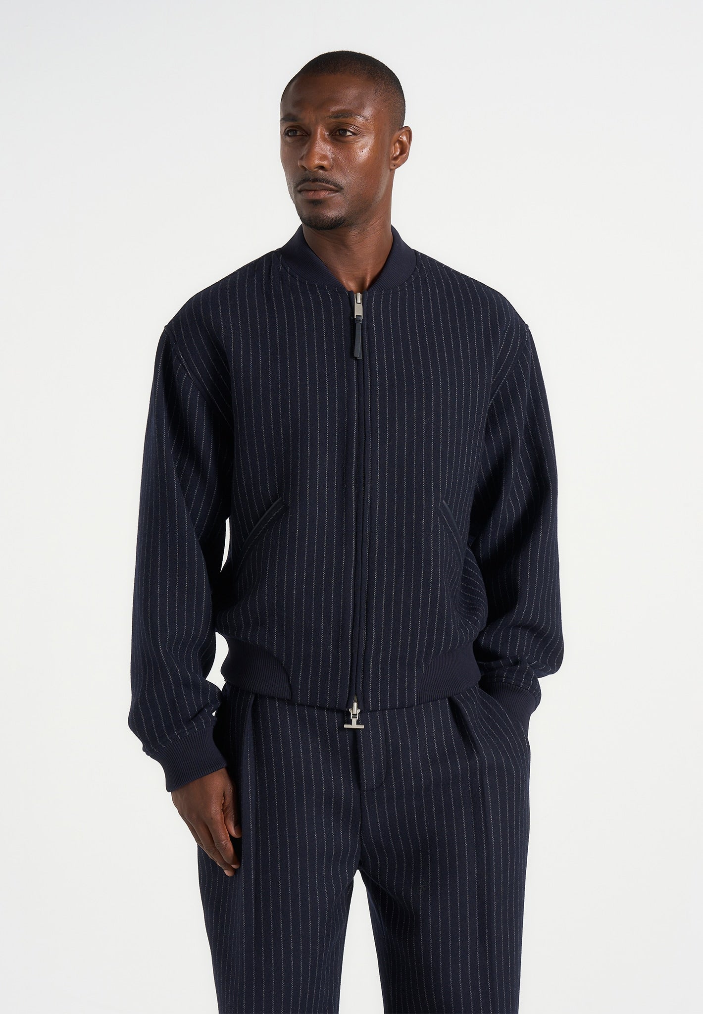 Leandro - Pinstripe Wool Bomber Jacket - Navy