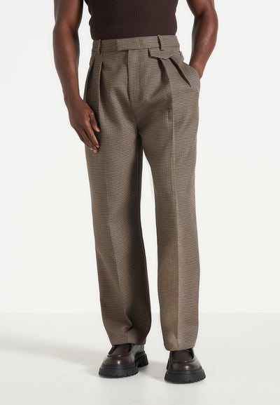 Pierre - Houndstooth Twin Pleat Trousers - Brown