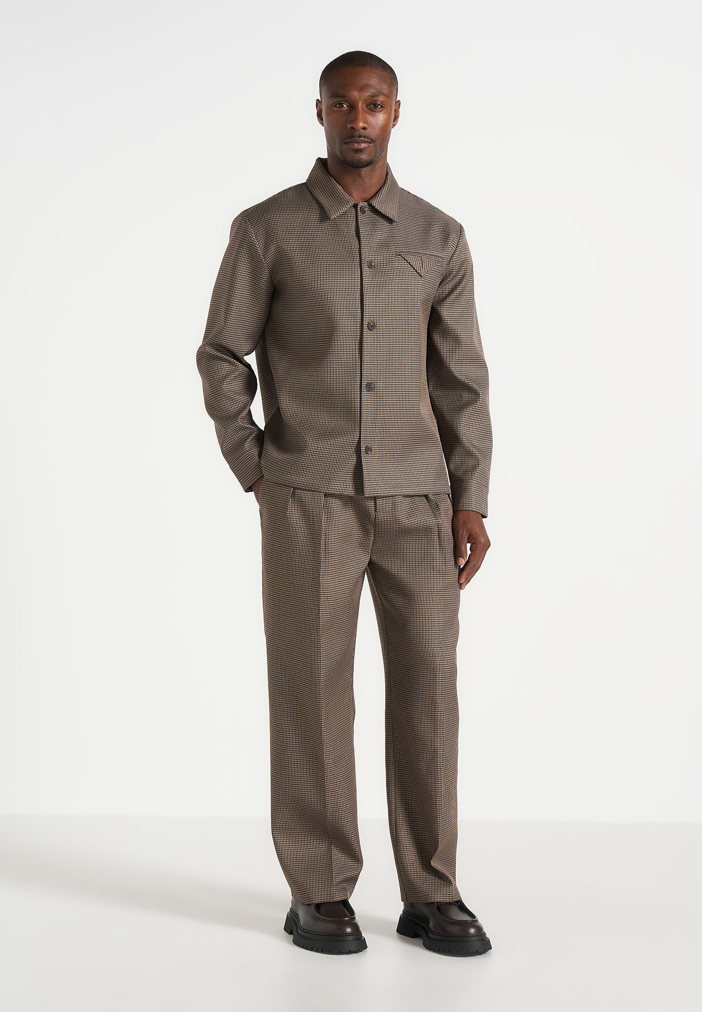 Pierre - Houndstooth Twin Pleat Trousers - Brown