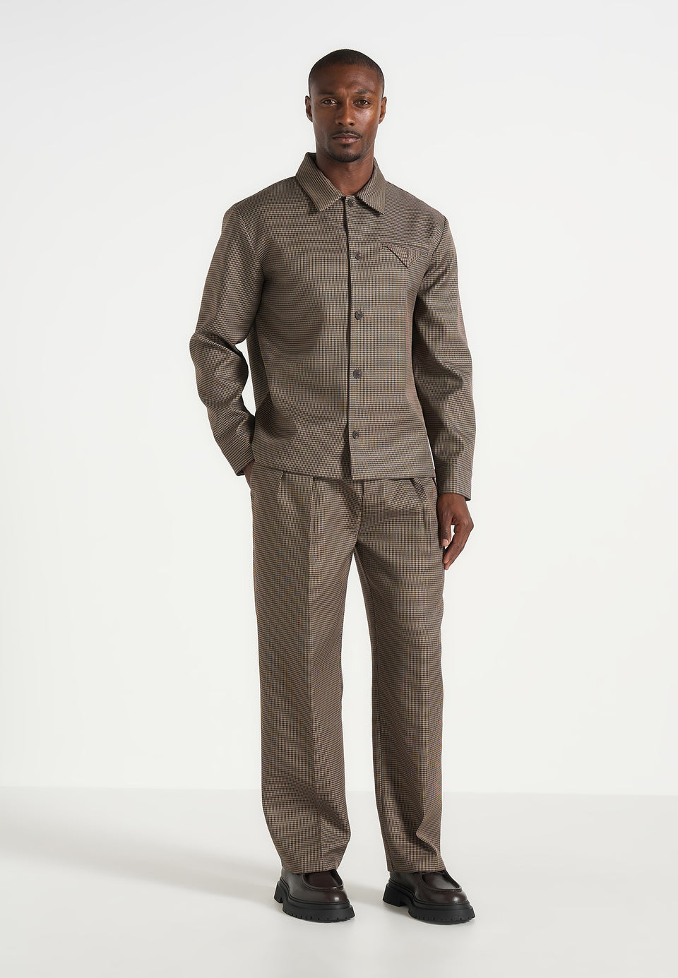Pierre - Houndstooth Twin Pleat Trousers - Brown