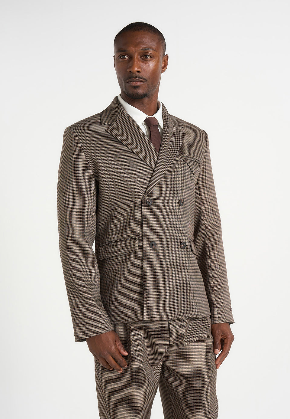 Didier - Houndstooth Double Breasted Suit Blazer - Brown