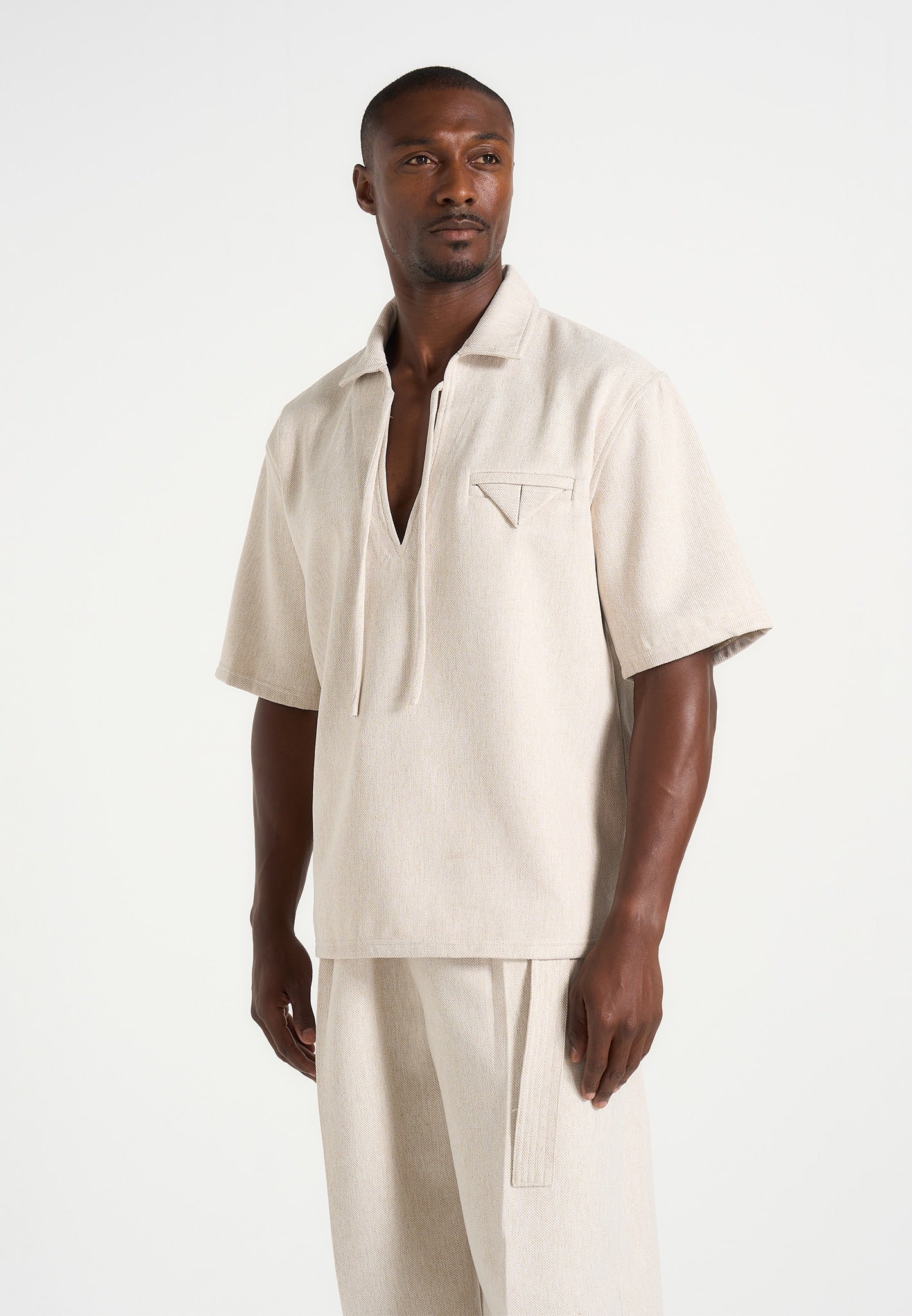 Norbert - Open Collar Textured Drawstring Shirt - Cream