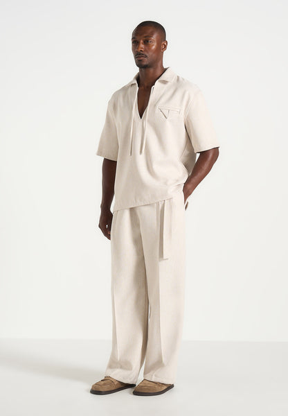 Norbert - Open Collar Textured Drawstring Shirt - Cream | Manière