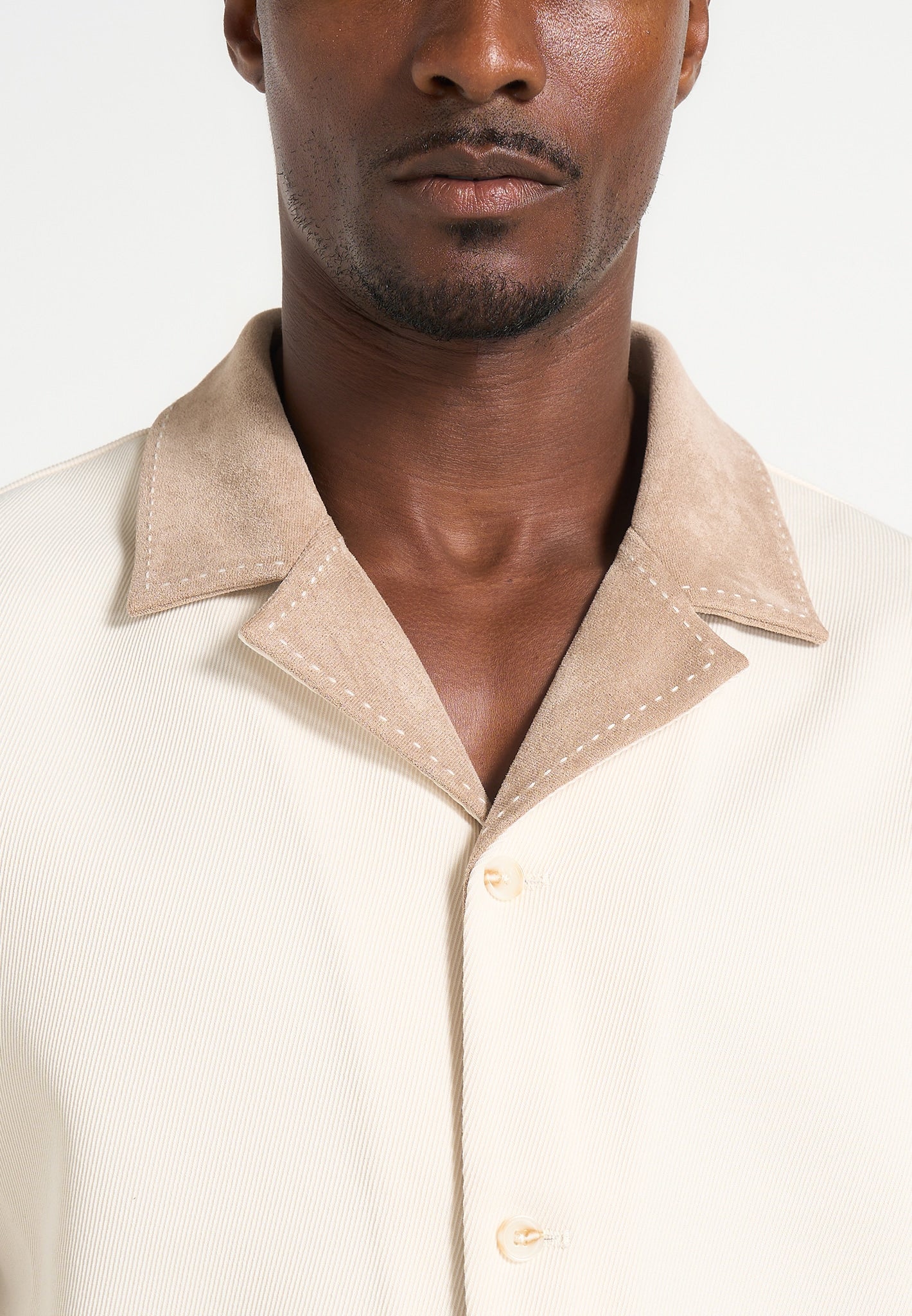 Joel - Twill Shirt with Suede Revere Collar  - Cream