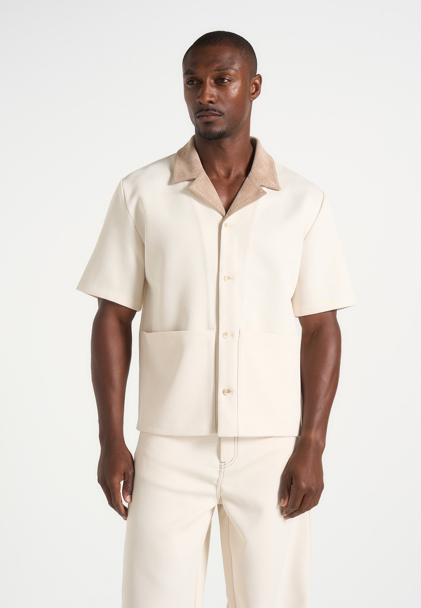 Joel - Twill Shirt with Suede Revere Collar  - Cream