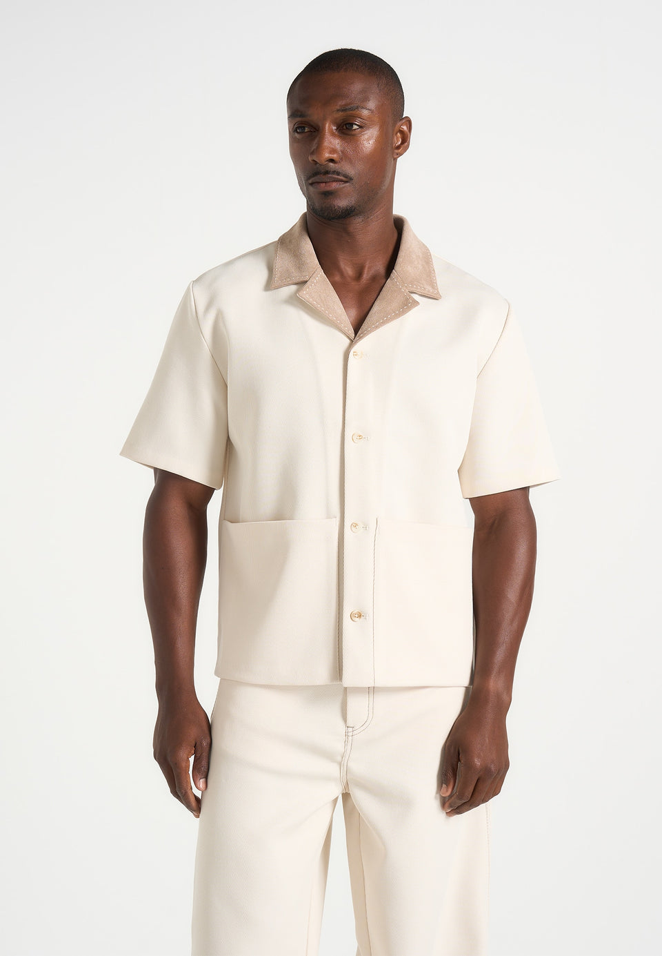 Joel - Twill Shirt with Suede Revere Collar  - Cream