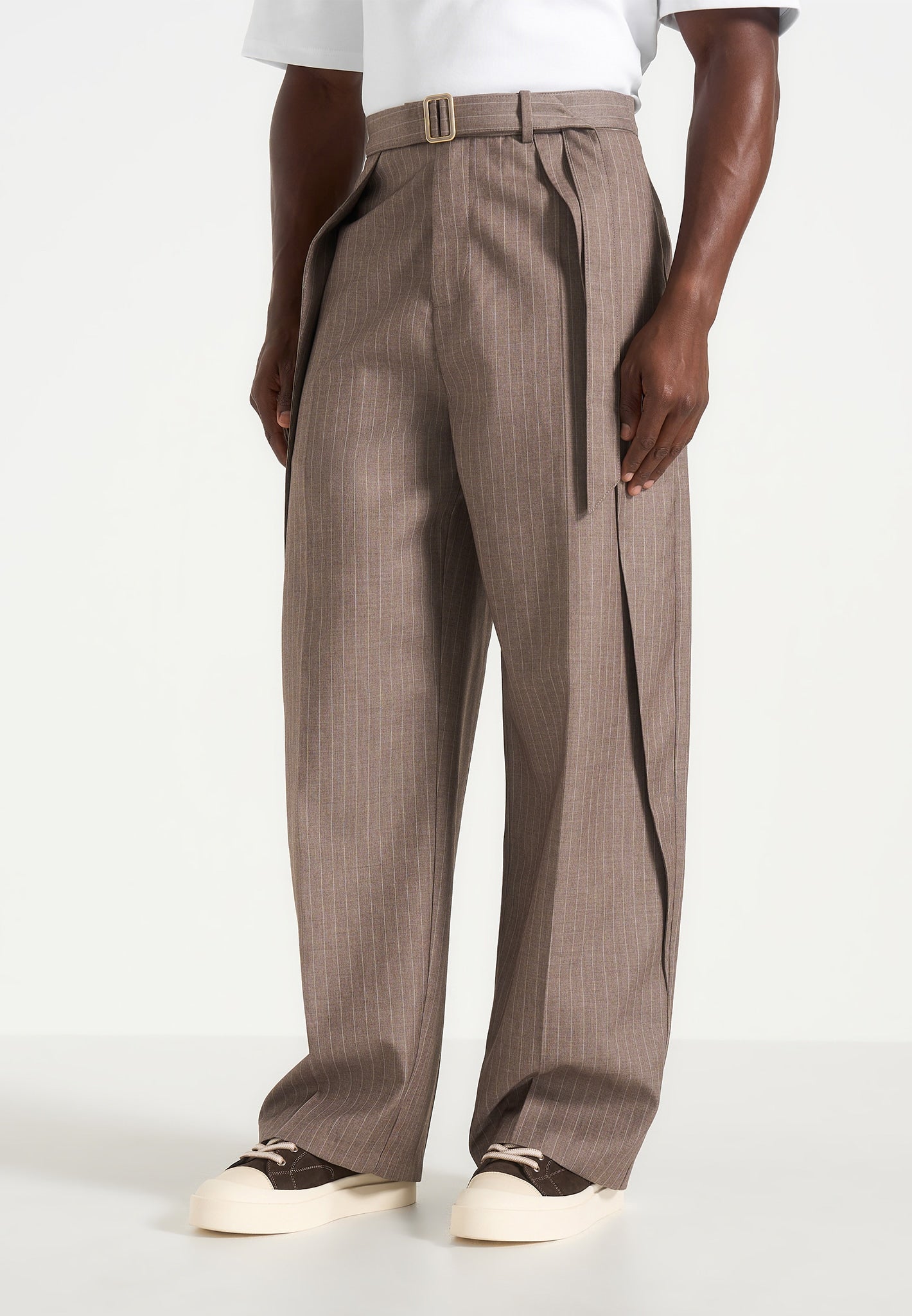 Charles - Wide Fit Wrap Leg Pinstripe Tailored Trousers - Taupe