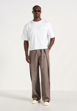 Charles - Wide Fit Wrap Leg Pinstripe Tailored Trousers - Taupe