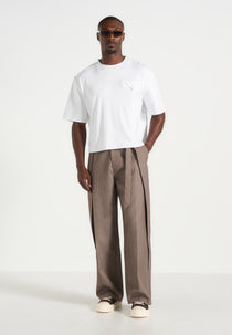 Charles - Wide Fit Wrap Leg Pinstripe Tailored Trousers - Taupe