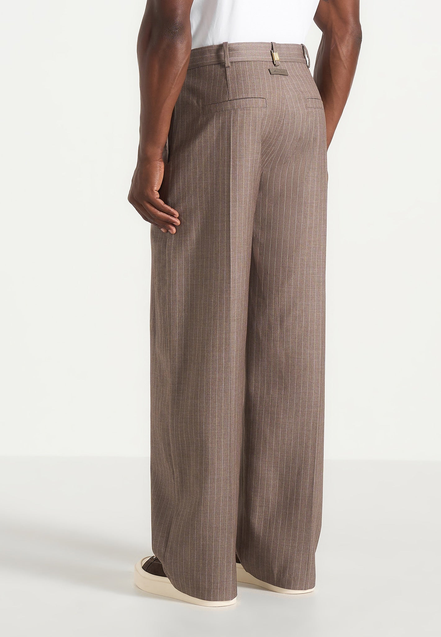 Charles - Wide Fit Wrap Leg Pinstripe Tailored Trousers - Taupe